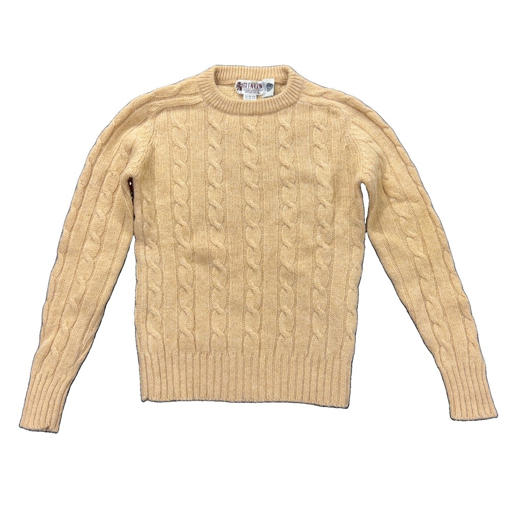 VTG GLEN KAYLIN cable knit sweater womans small shetland wool Tan Career Luxury